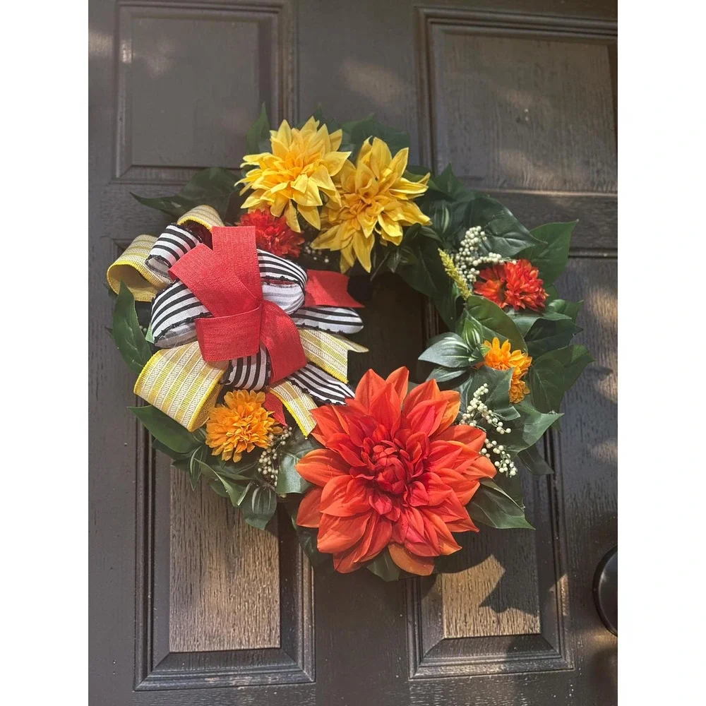 Handmade Year-Round Wreath: Greenery, Orange &yellow Door Decor